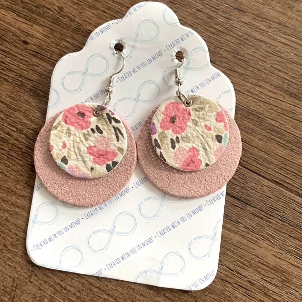For Keeps Leather Earrings Floral Pink Flowers Circle